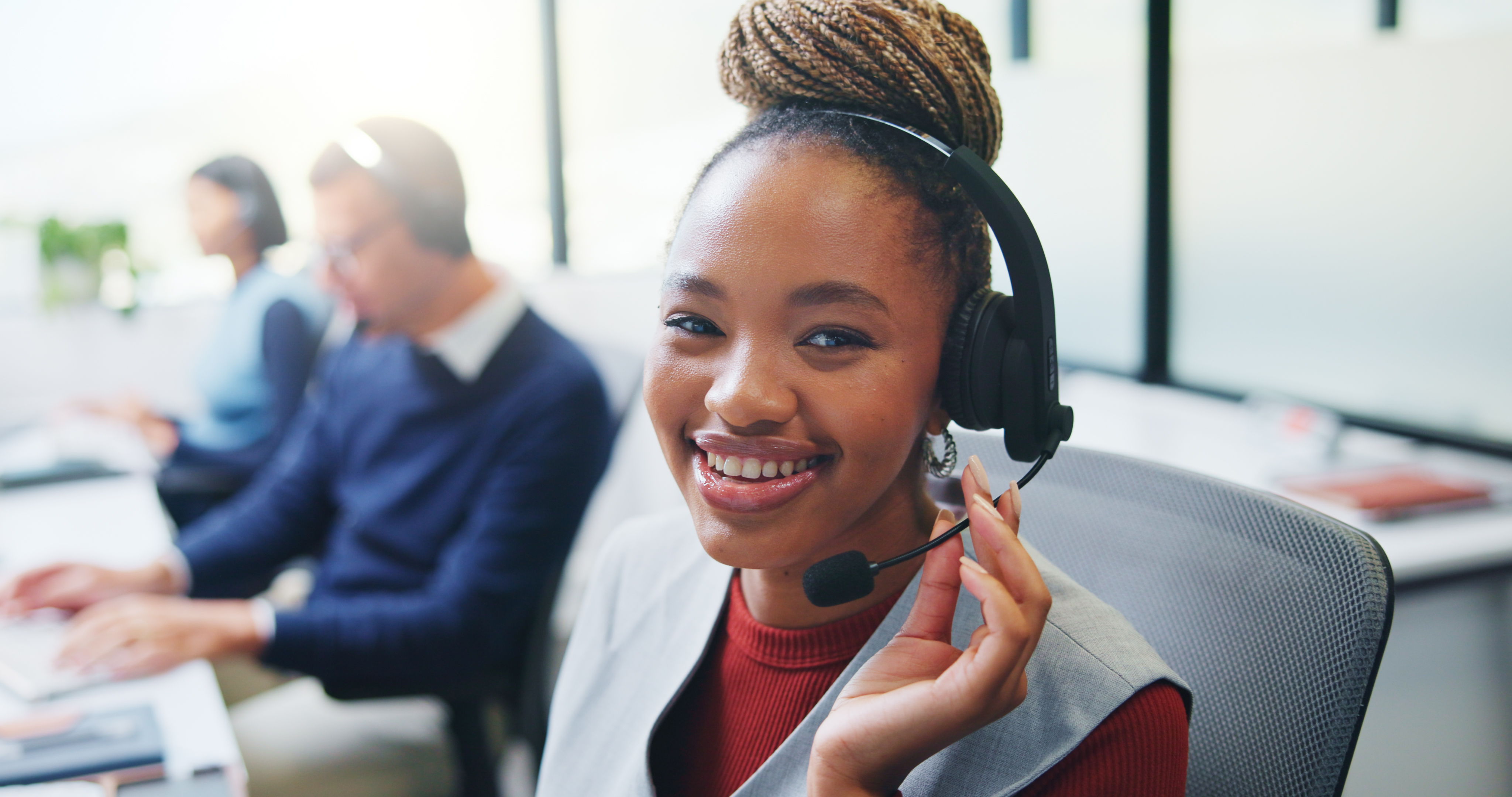 Happy, agent and portrait with headset in call center for communication or online advice. Female person, friendly consultant or smile with mic for virtual assistance, help or web support in agency